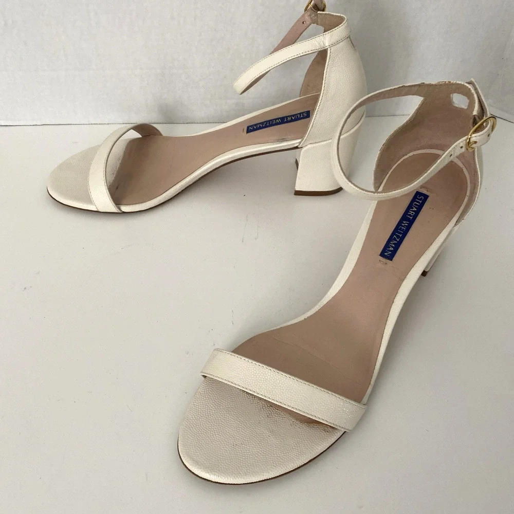Stuart Weitzman Nearlynude Simple Sandal Open Toe Block Heel Off White Textur 10